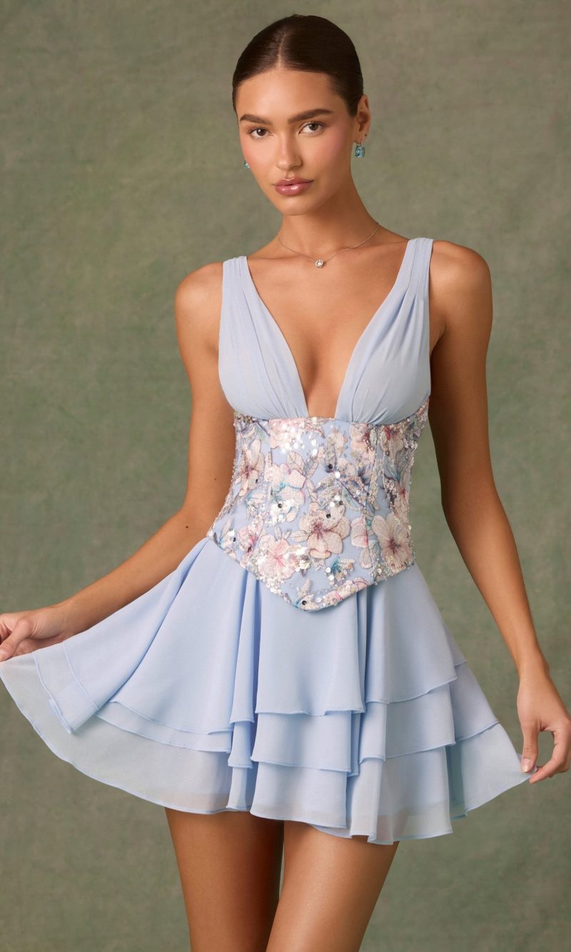 Embellished Ruffled Corset Mini Dress in Floral Blue
