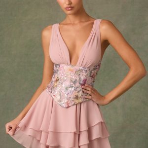 Embellished Ruffled Corset Mini Dress in Floral Pink