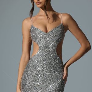 Embellished Cut-Out Mini Dress in Silver