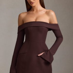 Off-Shoulder Structured A-Line Mini Dress in Chocolate Brown