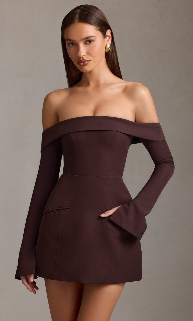 Off-Shoulder Structured A-Line Mini Dress in Chocolate Brown