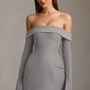 Off-Shoulder Structured A-Line Mini Dress in Grey