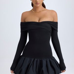 Modal Off-Shoulder Bubble Hem Mini Dress in Black