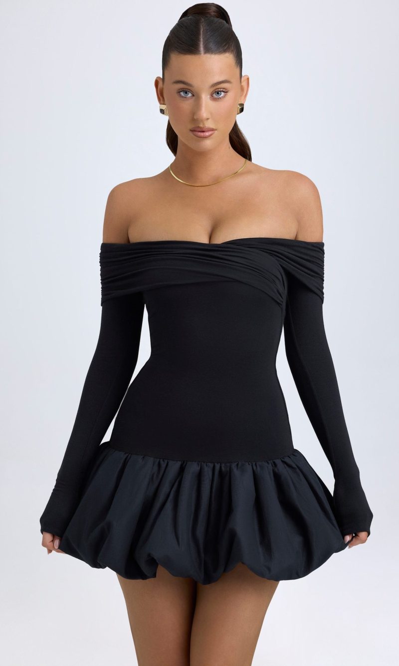 Modal Off-Shoulder Bubble Hem Mini Dress in Black