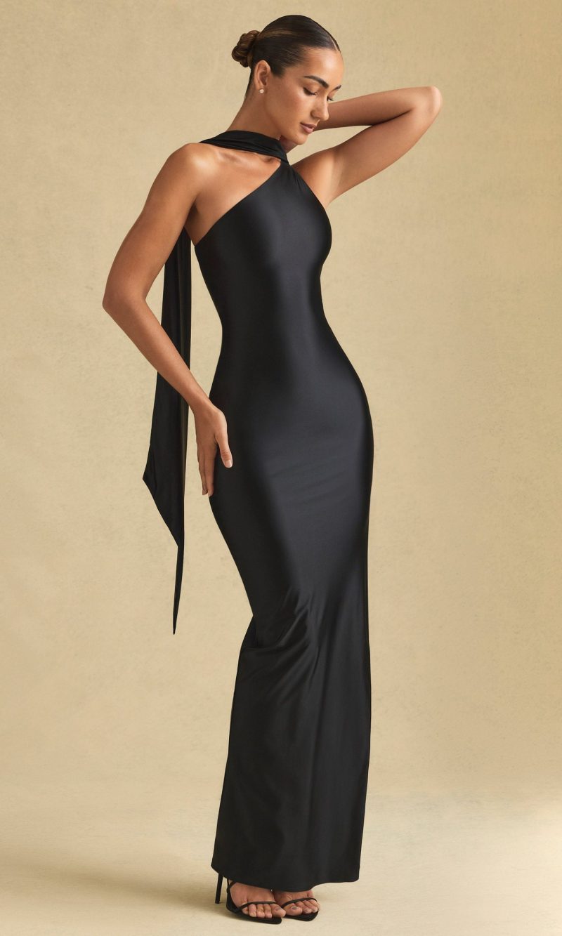 Asymmetric Scarf-Detail Maxi Dress in Black