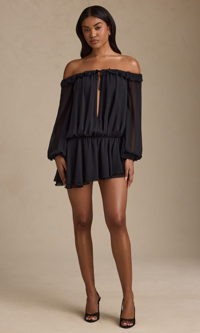 Off-Shoulder Asymmetric Balloon-Sleeve Mini Dress in Black