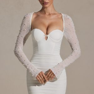 Embellished Long-Sleeve Mini Dress in White