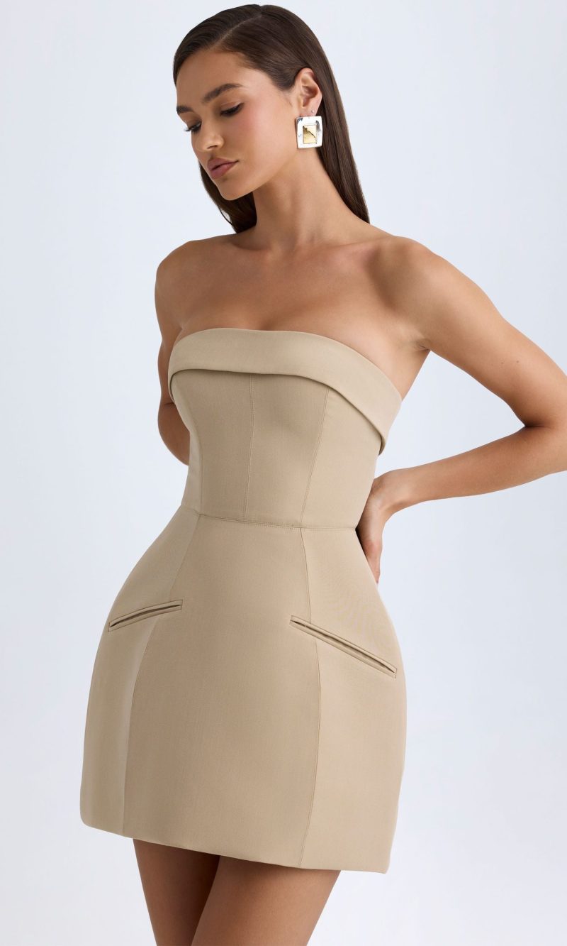 Foldover-Neck Structured Tulip Mini Dress in Camel