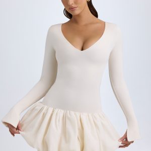 Modal Drop-Waist Bubble Hem Mini Dress in Ivory
