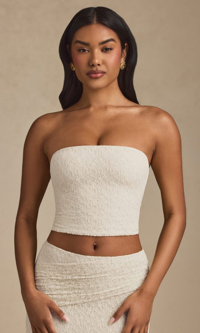 Ruched Strapless Lace Top in Ivory
