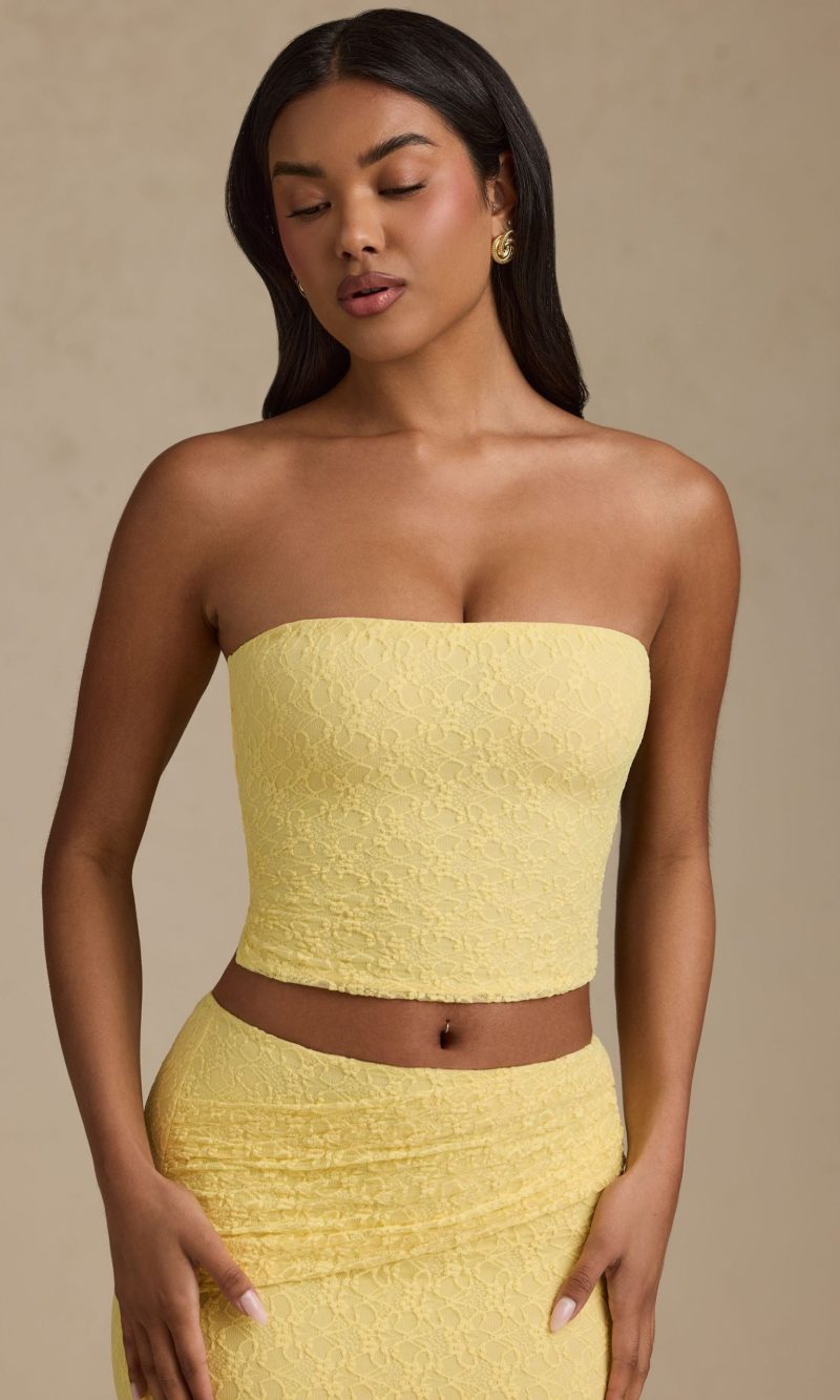 Ruched Strapless Lace Top in Pastel Yellow