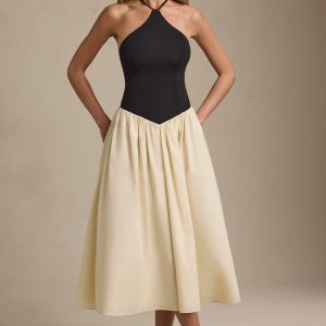 Halterneck A-Line Midaxi Dress in Black