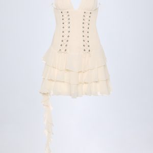 Lace-Up Ruffled Tiered Mini Dress in Ivory