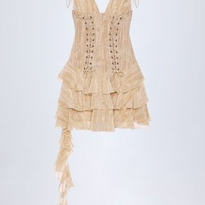 Lace-Up Ruffled Tiered Mini Dress in Tan Print