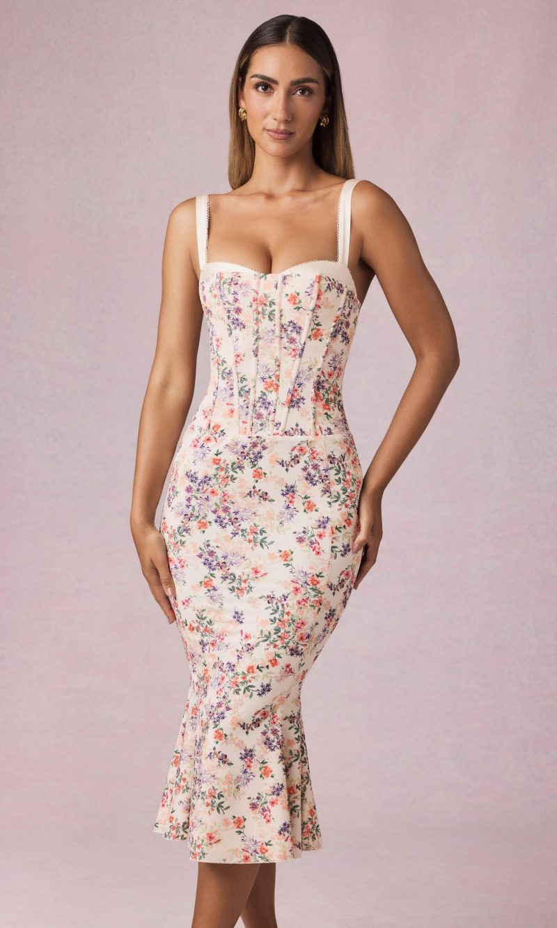 Layered Bra-Detail Fishtail Midaxi Dress in Primrose Floral Print