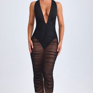 Ruched Plunge Midaxi Dress in Black