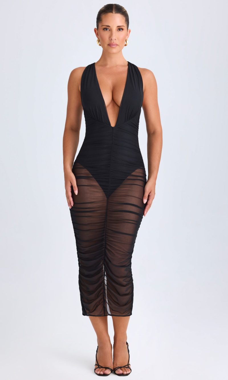 Ruched Plunge Midaxi Dress in Black