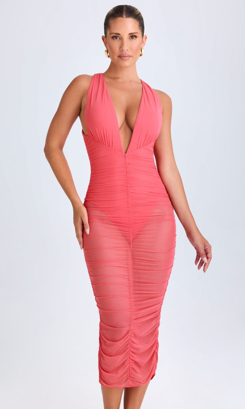 Ruched Plunge Midaxi Dress in Coral