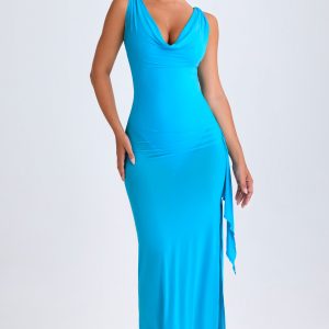 Ruffle-Trim Cowl-Neck Midaxi Dress in Aqua Blue