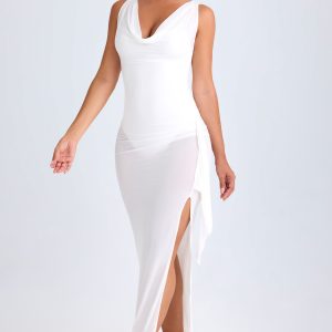 Ruffle-Trim Cowl-Neck Midaxi Dress in White