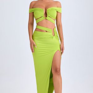 Asymmetric Cut-Out Maxi Skirt in Lime Green