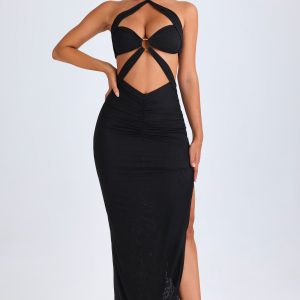 Hardware Detail Cut-Out Halterneck Maxi Dress in Black
