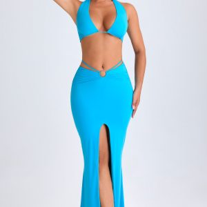 Hardware-Detail Mid-Rise Maxi Skirt in Aqua Blue
