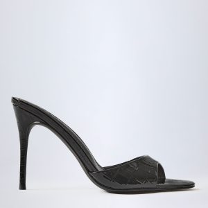 Almond-Toe Heeled Mules in Croc Patent Black