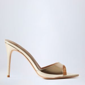 Almond-Toe Heeled Mules in Mirrored Gold