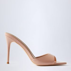 Almond-Toe Heeled Mules in Patent Pink