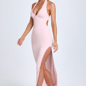 Modal Lace-Trim Halterneck Maxi Dress in Blush