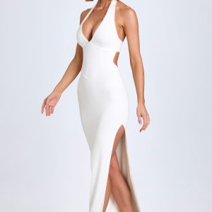 Modal Lace-Trim Halterneck Maxi Dress in White