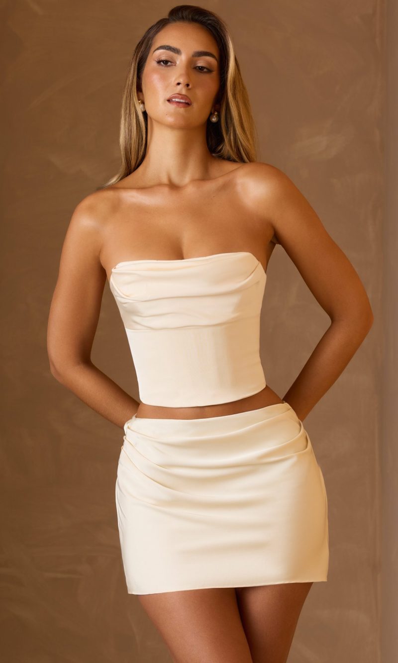 Draped Lace-Up Corset Top in Ivory