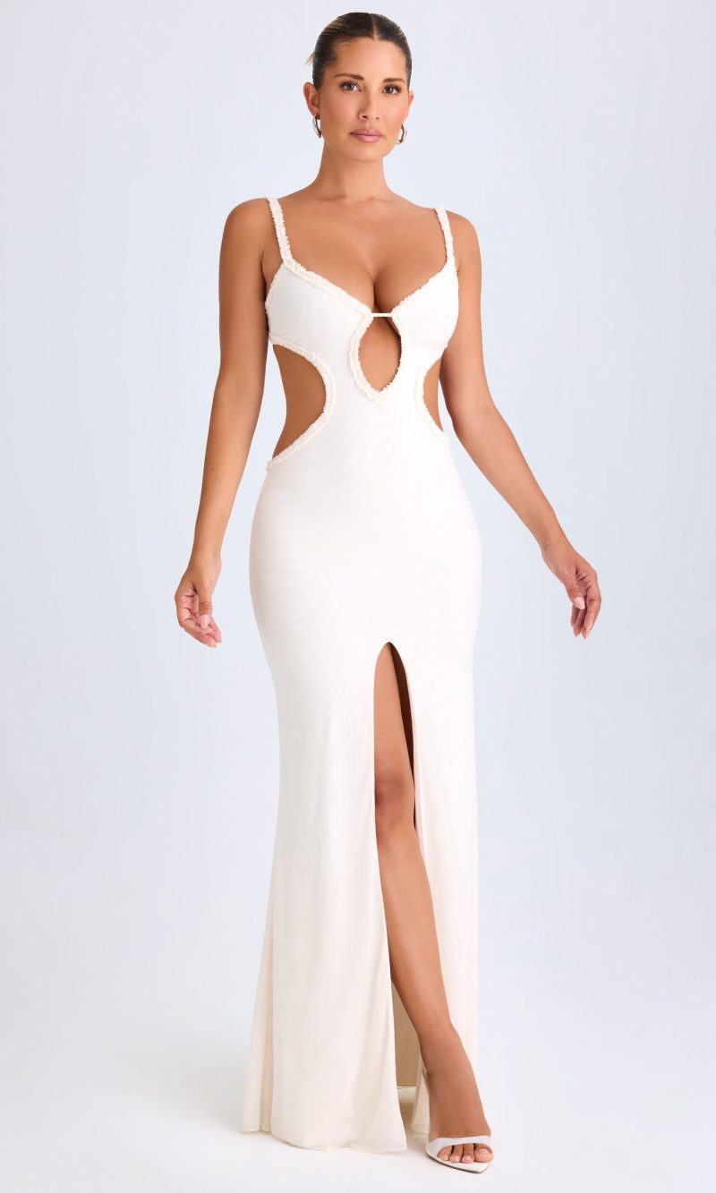 Ruffle-Appliqué Cut-Out Maxi Dress in White