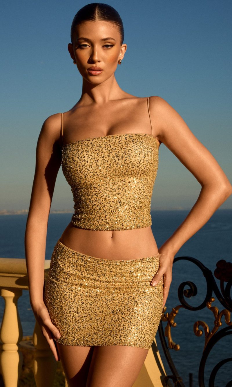 Embellished Mid-Rise Micro Mini Skirt in Gold