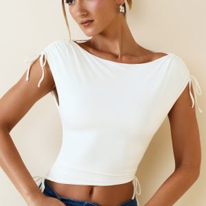 Asymmetric Ruched Cowl-Back Crop Top in Vanilla