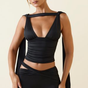 Plunge-Neck Draped Top in Black