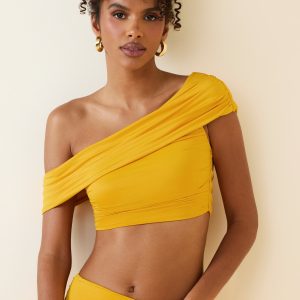 Asymmetric Ruched Off-Shoulder Crop Top in Golden Yellow