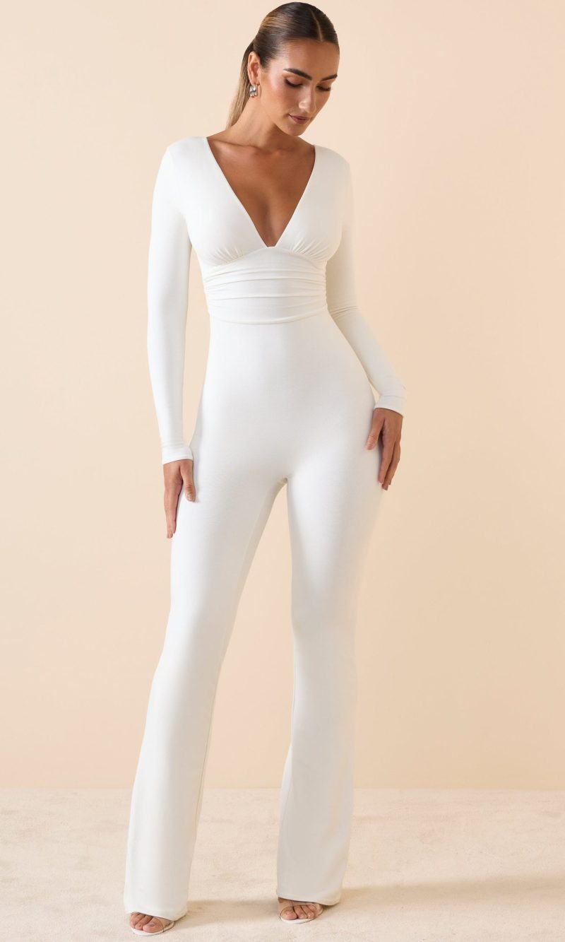Modal Ruched Plunge Flared Jumpsuit in White