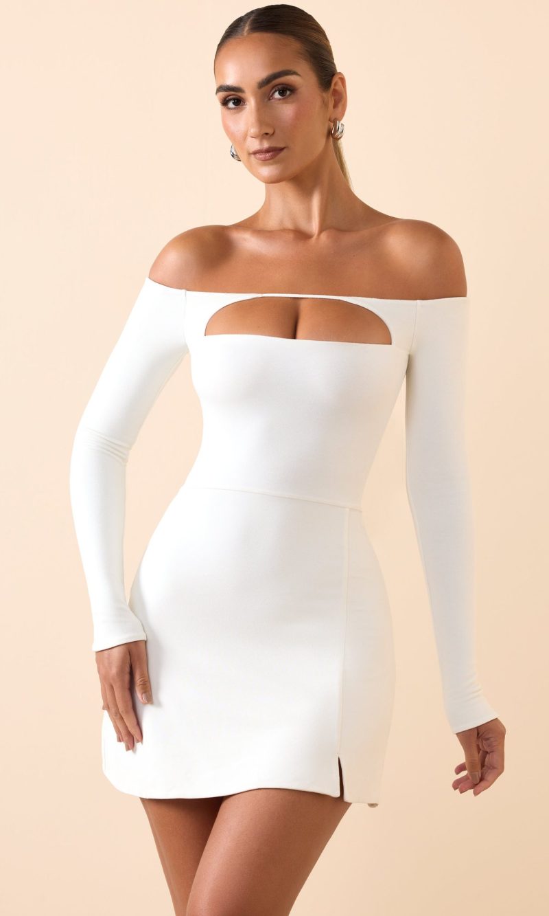 Modal Cut-Out Off-Shoulder A-Line Mini Dress in White