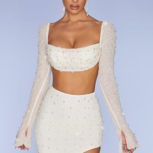 Embellished Cowl Neck Crop Top in Ivory