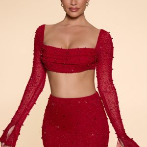 Embellished Cowl Neck Crop Top in Red