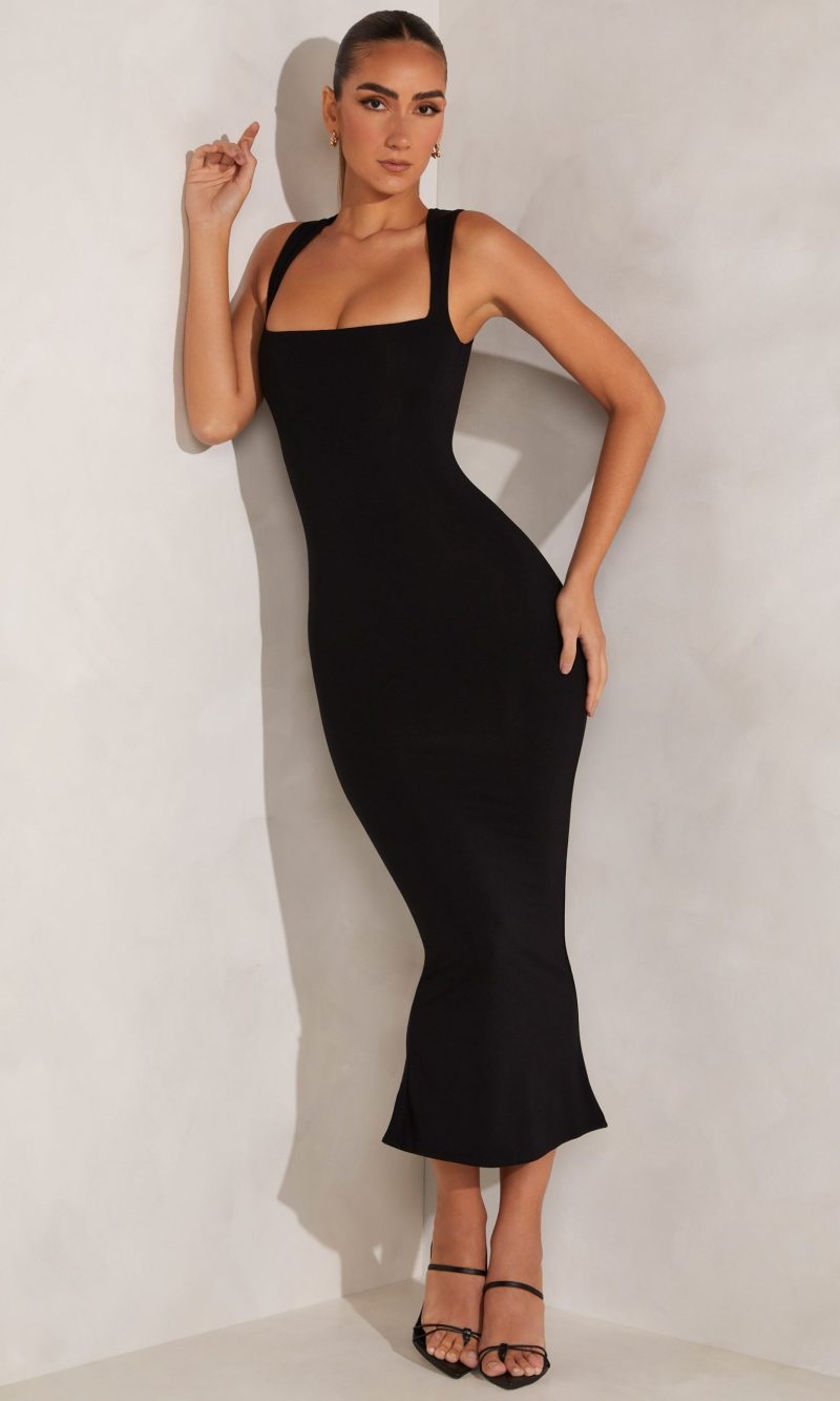 Square Neck Midi Dress in Black