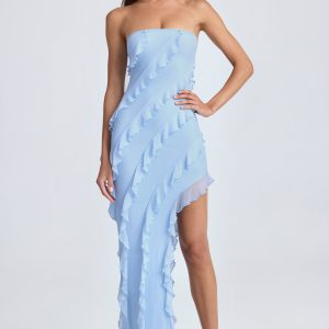 Bandeau Ruffle-Trim Maxi Dress in Powder Blue
