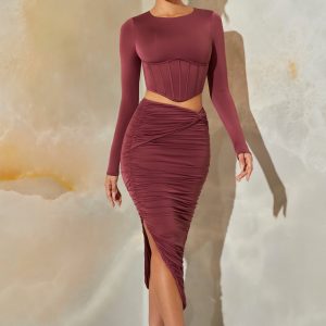 Ruched Maxi Skirt in Dark Mauve