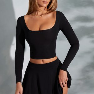 Rounded Square Neck Long Sleeve Top in Black