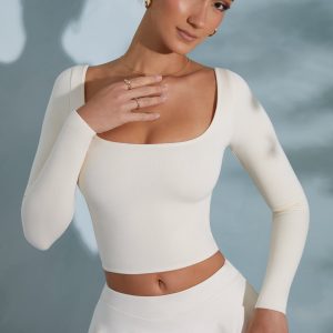 Rounded Square Neck Long Sleeve Top in Ivory