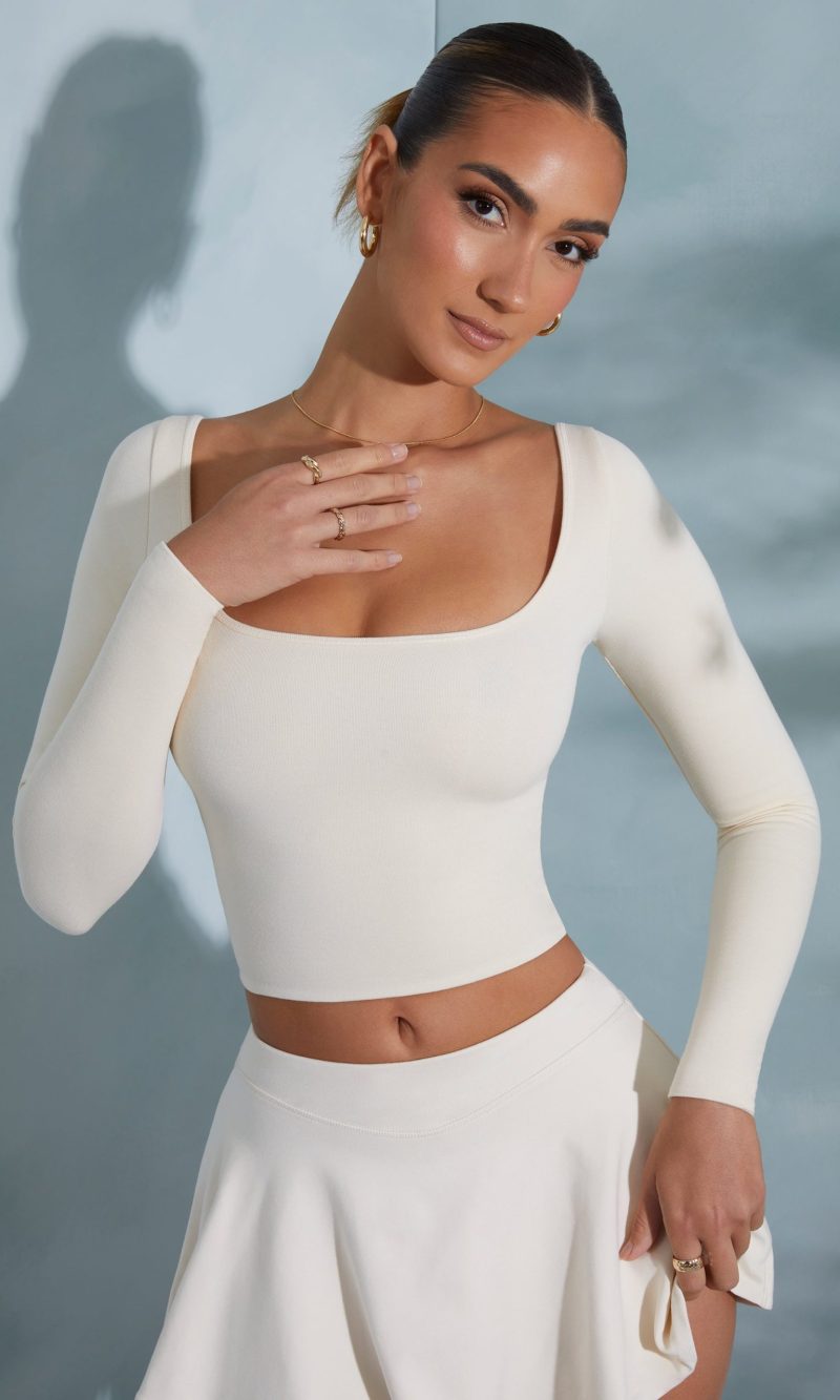 Rounded Square Neck Long Sleeve Top in Ivory