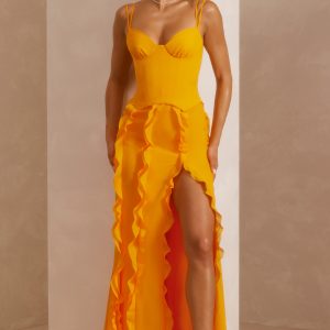 Corset Frill Skirt Maxi Dress in Tangerine