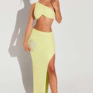 Embellished Side Split Maxi Skirt in Lime Green